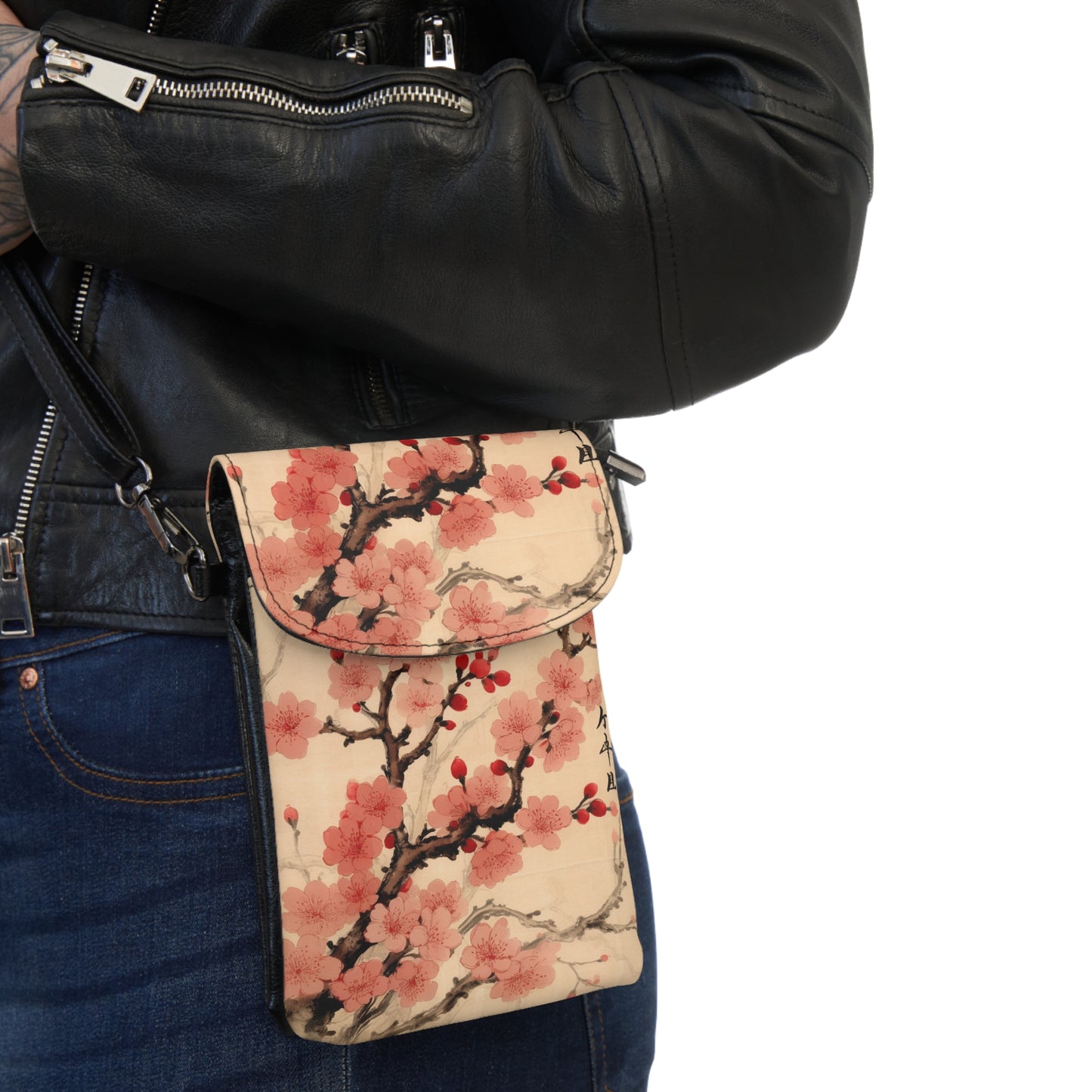 Floral Fusion: Small Cell Phone Wallet  Merging Cherry Blossom Beauty and Artistic Flower Drawings