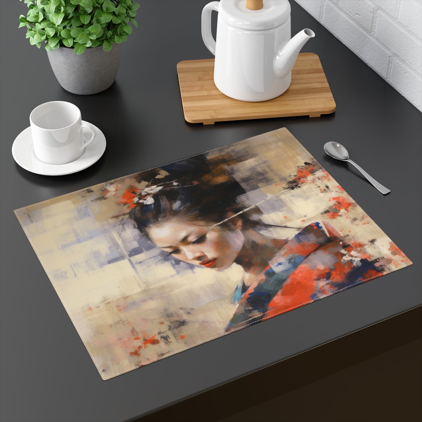 Japanese-Inspired Abstract Oil Painting Placemat: Celebrating Geisha Beauty