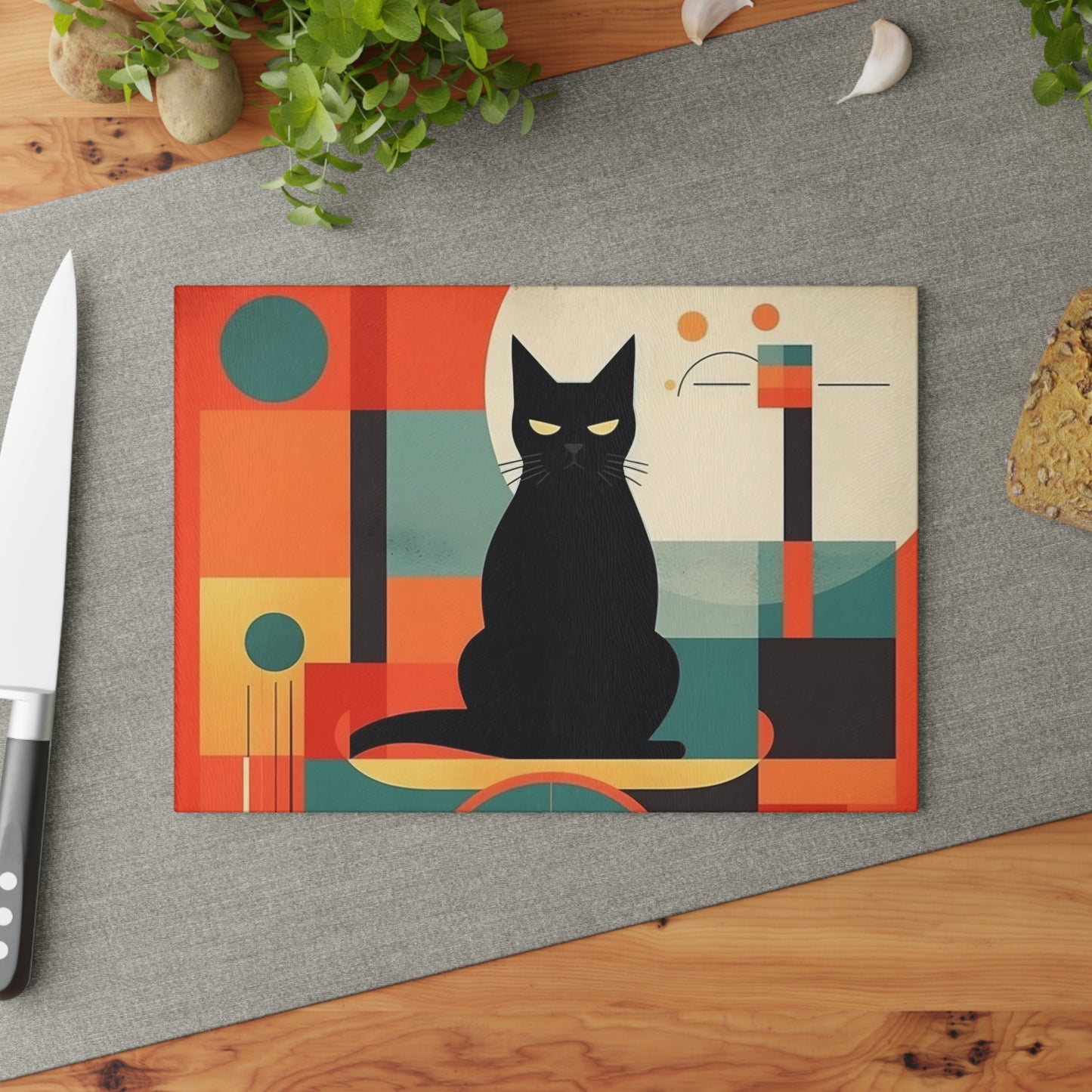 Artistic Abstractions and Playful Paws: Modern Abstract Cat Art-inspired Glass Cutting Board with Atomic Age Flair