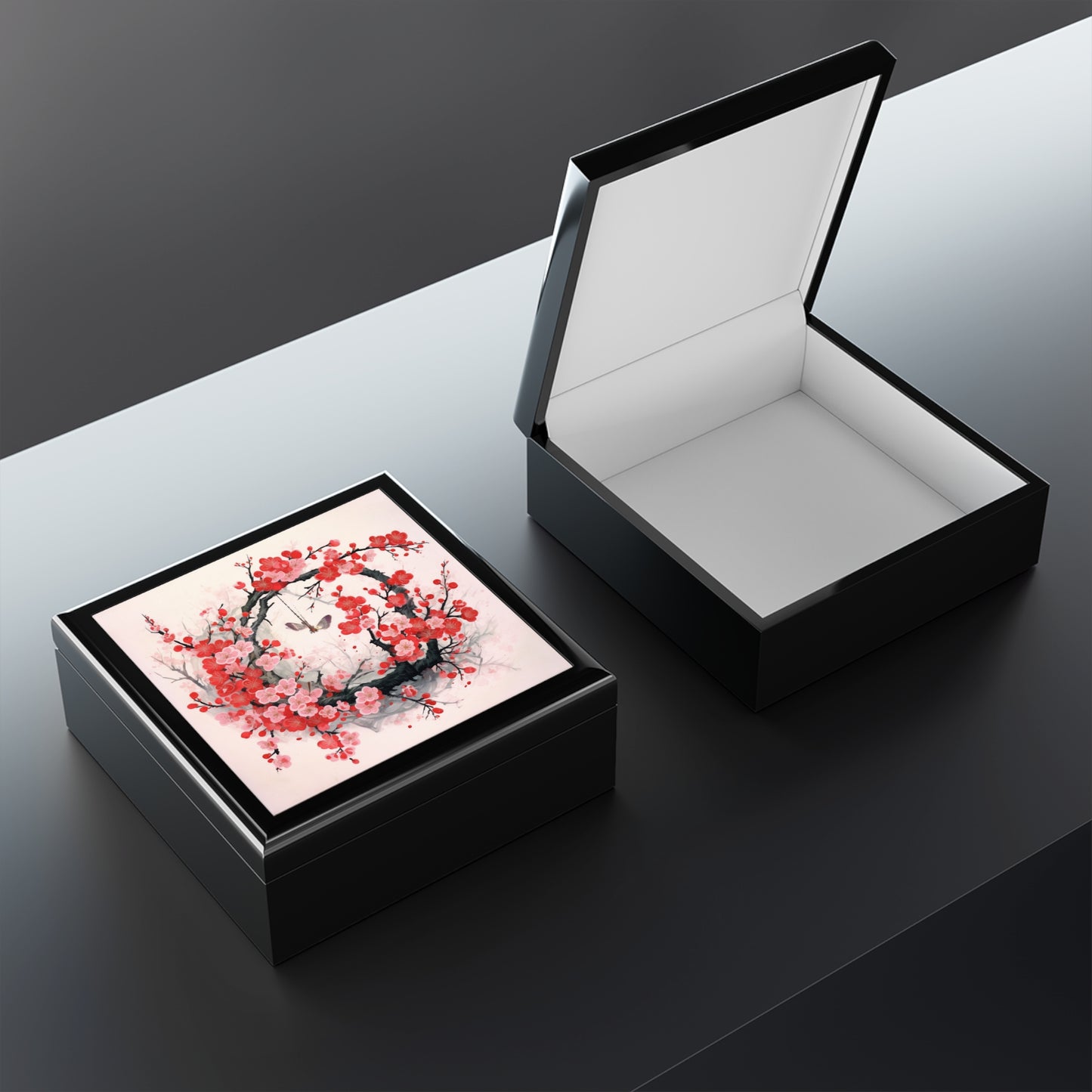 Cherry Blossom Delight: Jewelry Box Adorned with Intricate Flower Drawings and Artistry