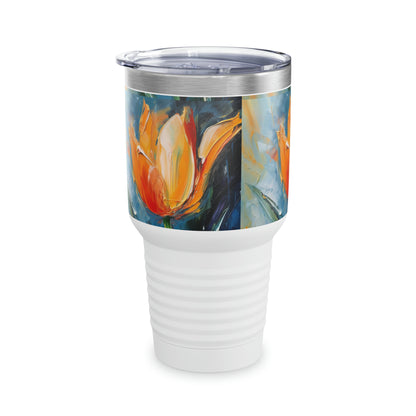 Orange Tulip Magic on Ringneck Tumbler: A Blossoming Abstract Oil Painting