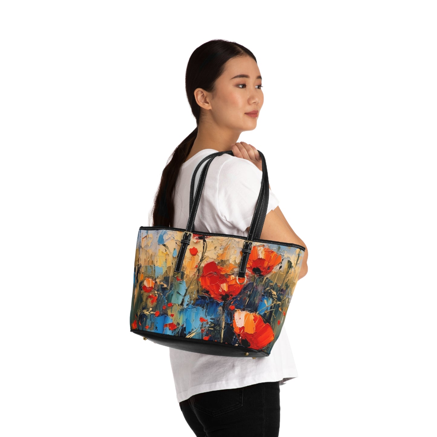 PU Leather Shoulder Bag Paradise: Abstract Poppy Artwork and Flower Drawings