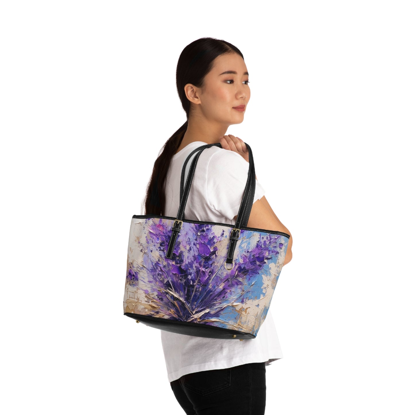 Vibrant Lavender Art on PU Leather Shoulder Bag: A Floral Delight for Your Senses