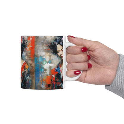 Abstract Wallpaper Bliss: Geisha Painting Ceramic Mug for Coffee Lovers