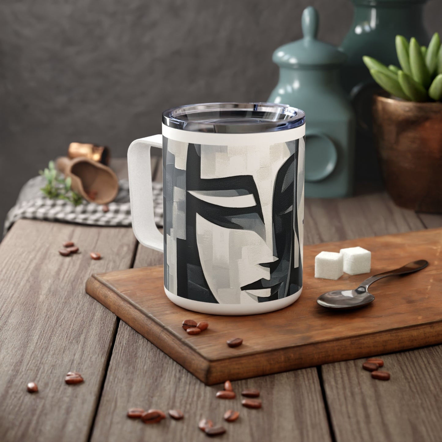 Abstract Oil Paint Insulated Coffee Mug: Cubist Artistry in a Portable Masterpiece