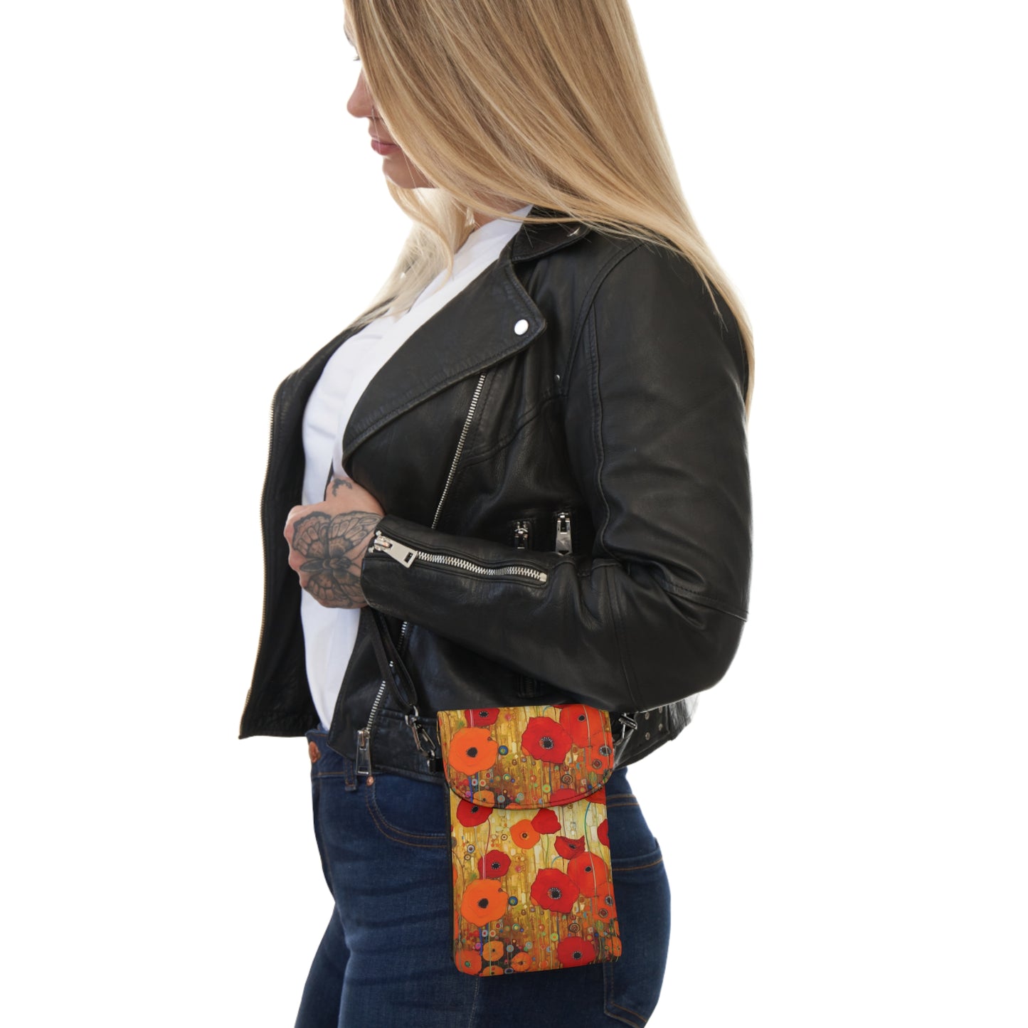 Floral Symphony: Small Cell Phone Wallet showcasing Gustav Klimt's Poppies in Art Nouveau