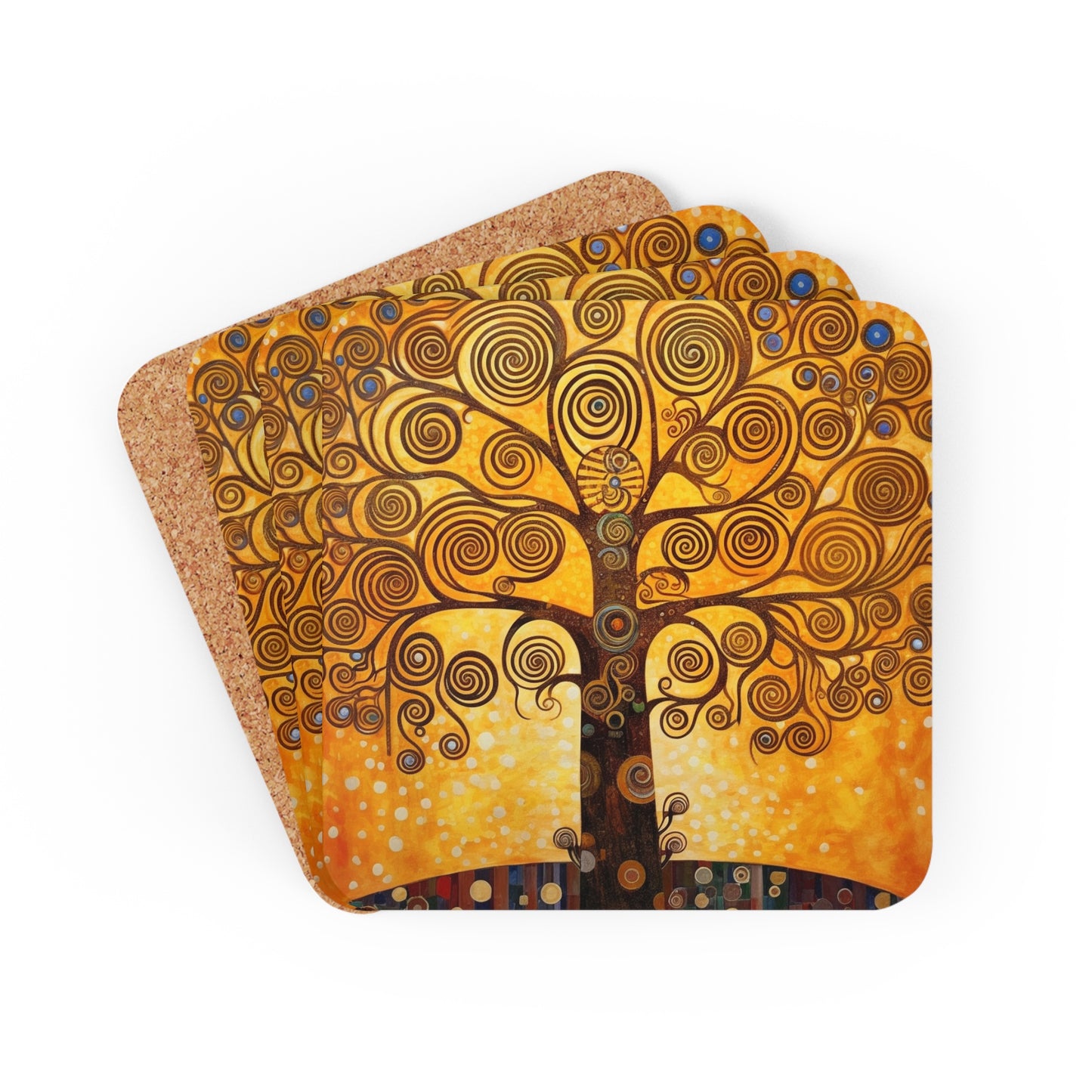 The Tree of Life Corkwood Coaster Set: A Modern Art Tribute to Gustav Klimt