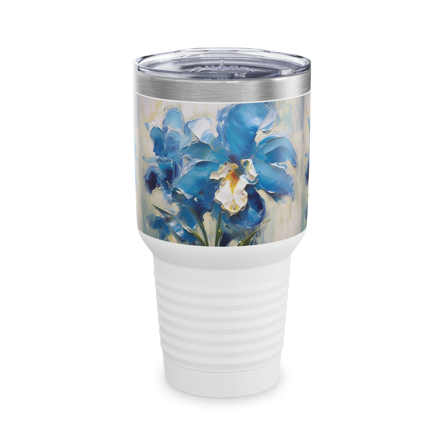Vibrant Brushwork: Blue Orchid Abstract Painting Ringneck Tumbler, Embrace the Power of Artistic Expression