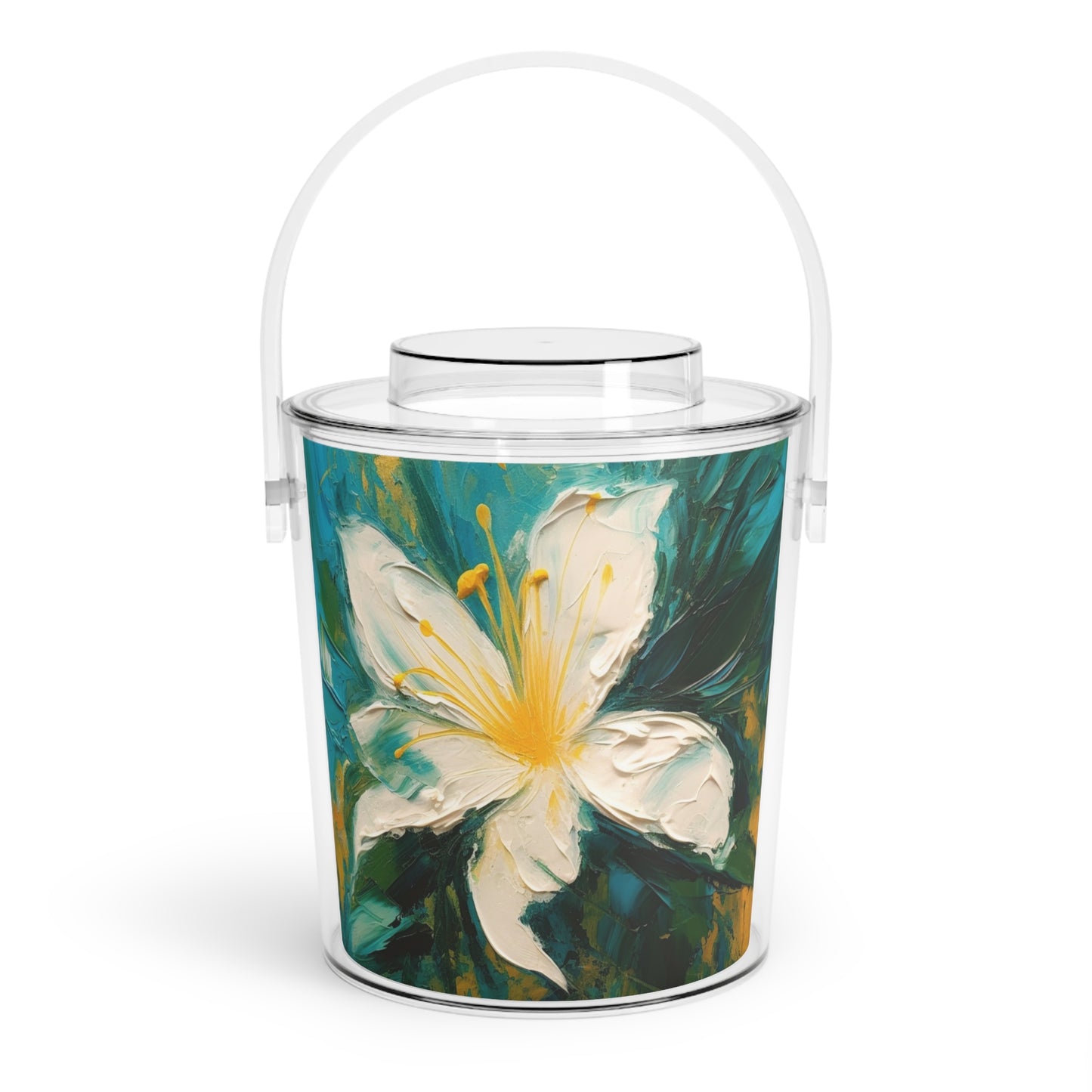 Journey into Artistry: Ice Bucket with Tongs showcasing an Abstract Oil Painting of Jasmine