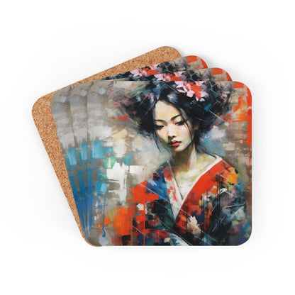 Corkwood Coaster Set with Geisha Art: Japanese Artistic Flair