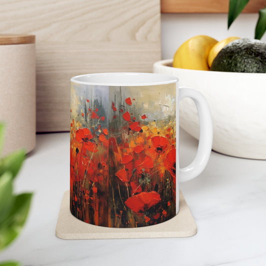 Whimsical Poppy Art on Ceramic Mug: A Burst of Joy with Every Sip