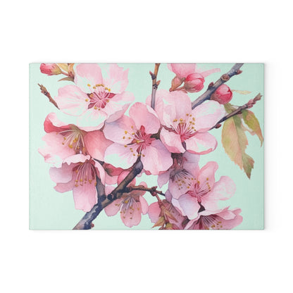 Whimsical Delight: Watercolor Cherry Blossom Tree Glass Cutting Board