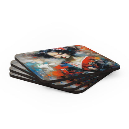 Corkwood Coaster Set with Geisha Art: Japanese Artistic Flair