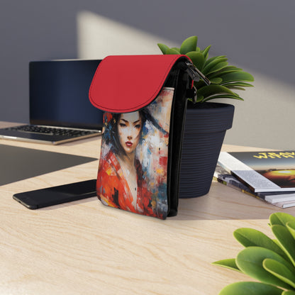 Abstract Geisha Art Small Cell Phone Wallet: Captivating Brushstrokes in a Japanese Aesthetic
