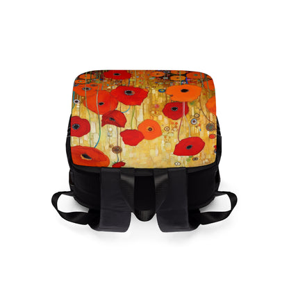Floral Symphony: Unisex Casual Shoulder Backpack showcasing Gustav Klimt's Poppies in Art Nouveau