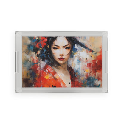 Abstract Geisha Art Acrylic Serving Tray: Captivating Brushstrokes in a Japanese Aesthetic