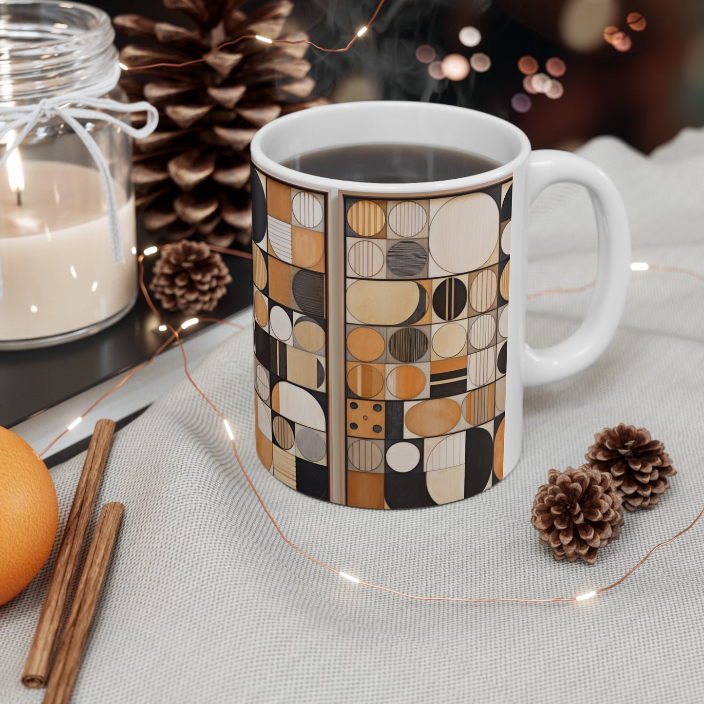 Circular Mosaic Ceramic Mug: Geometric Simplicity in Earthy Tones