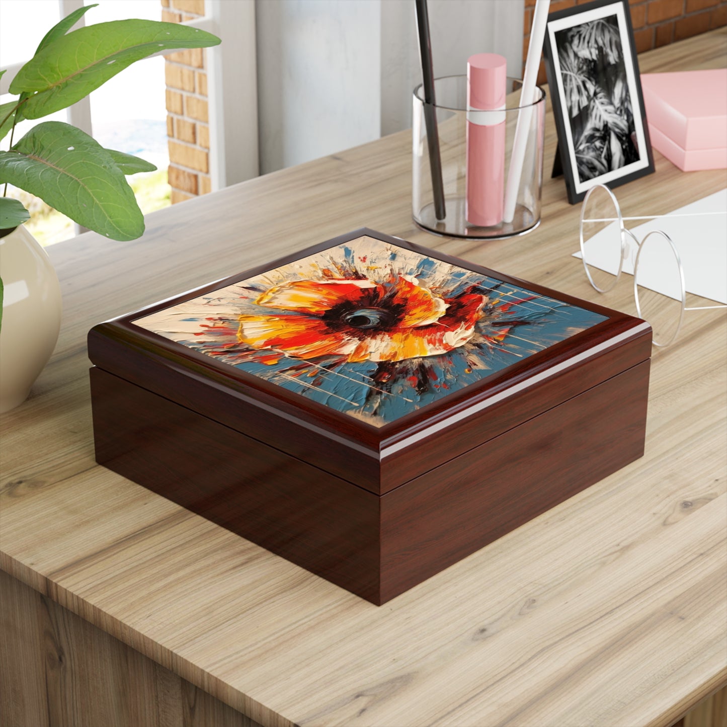 Poppy Symphony: Jewelry Box with Abstract Floral Artwork