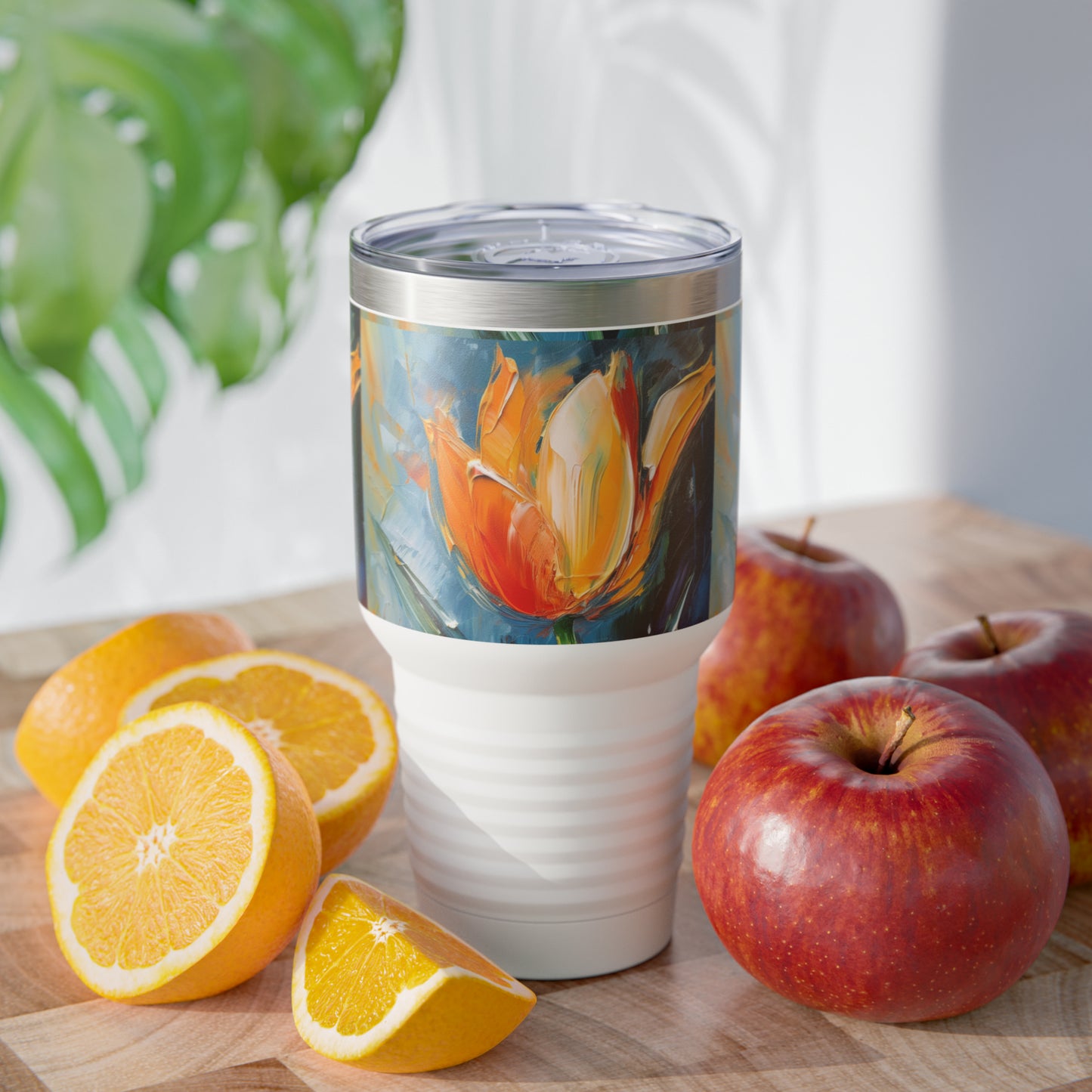 Orange Tulip Magic on Ringneck Tumbler: A Blossoming Abstract Oil Painting