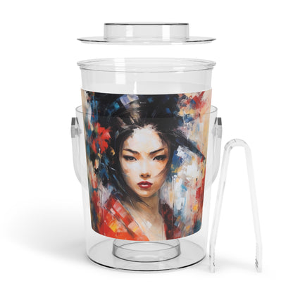 Abstract Geisha Art Ice Bucket with Tongs: Captivating Brushstrokes in a Japanese Aesthetic