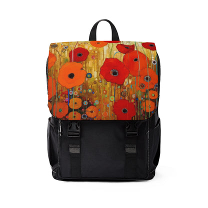 Floral Symphony: Unisex Casual Shoulder Backpack showcasing Gustav Klimt's Poppies in Art Nouveau