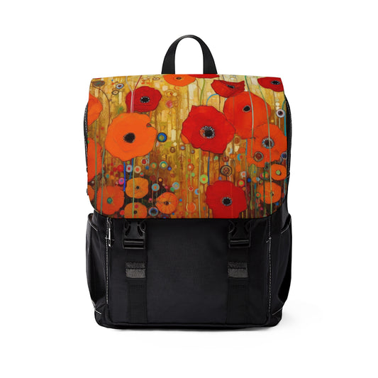 Floral Symphony: Unisex Casual Shoulder Backpack showcasing Gustav Klimt's Poppies in Art Nouveau