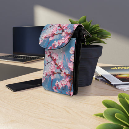 Small Cell Phone Wallet with Abstract Cherry Blossom Drawing: Embrace the Serenity