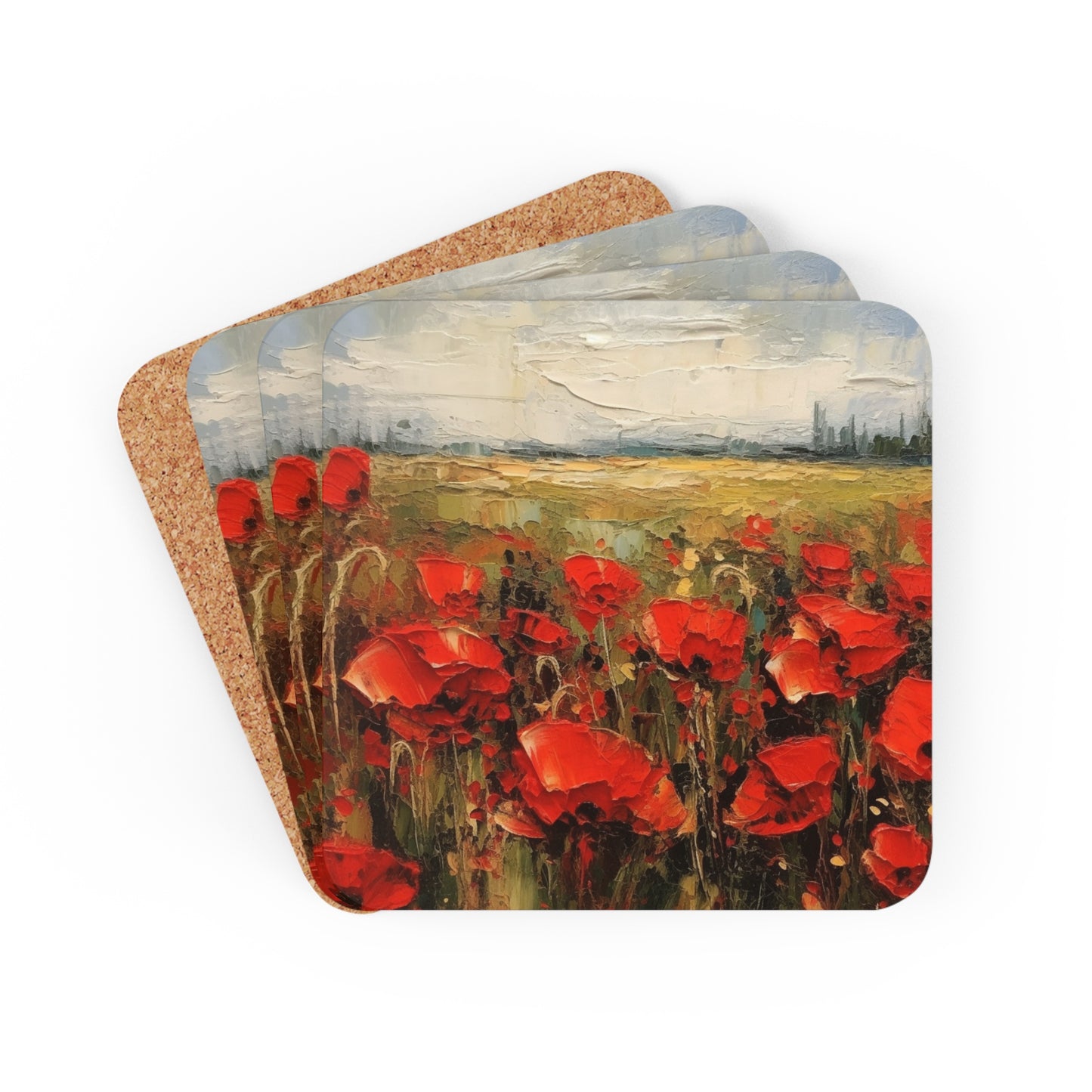 Abstract Poppy Fields: Corkwood Coaster Set for Artistic Inspiration