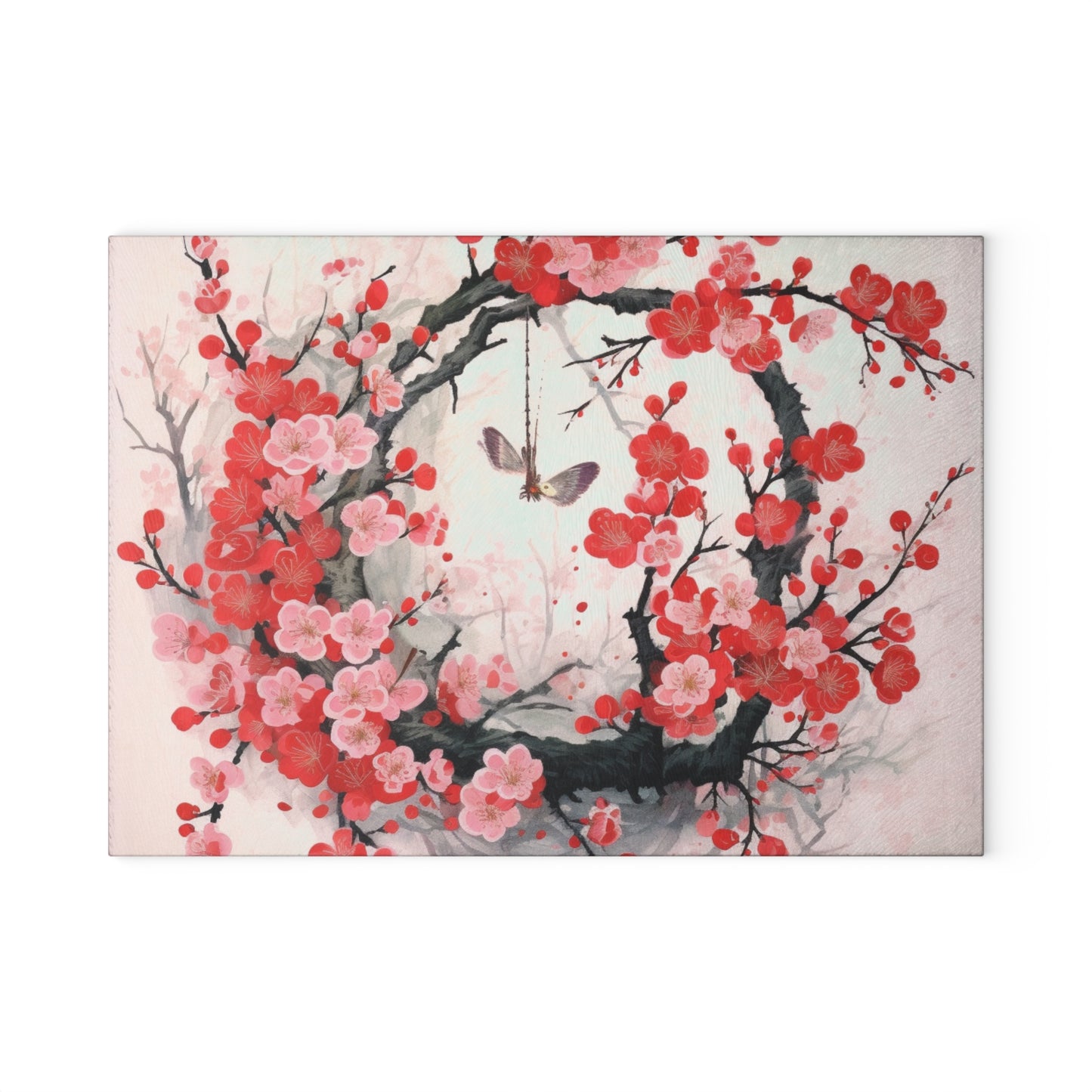 Cherry Blossom Delight: Glass Cutting Board Adorned with Intricate Flower Drawings and Artistry