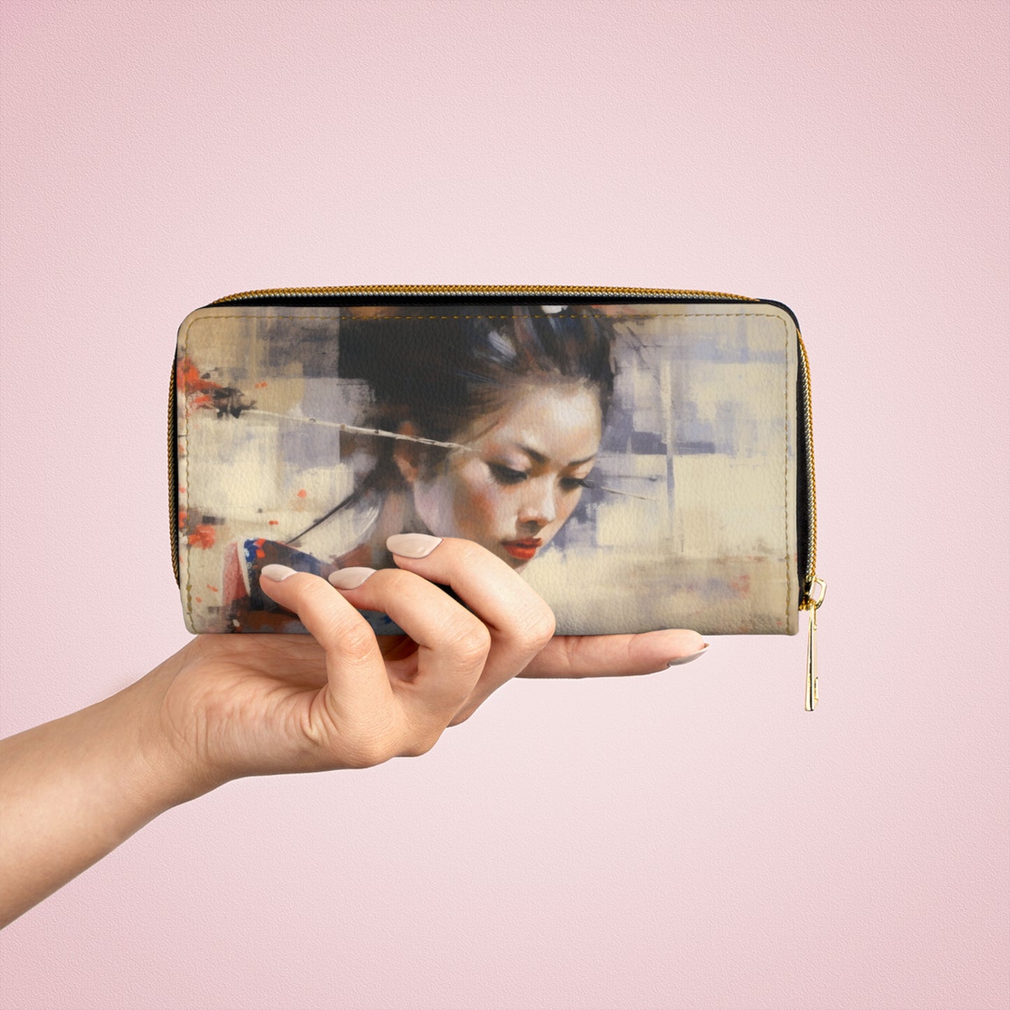 Japanese-Inspired Abstract Oil Painting Zipper Wallet: Celebrating Geisha Beauty
