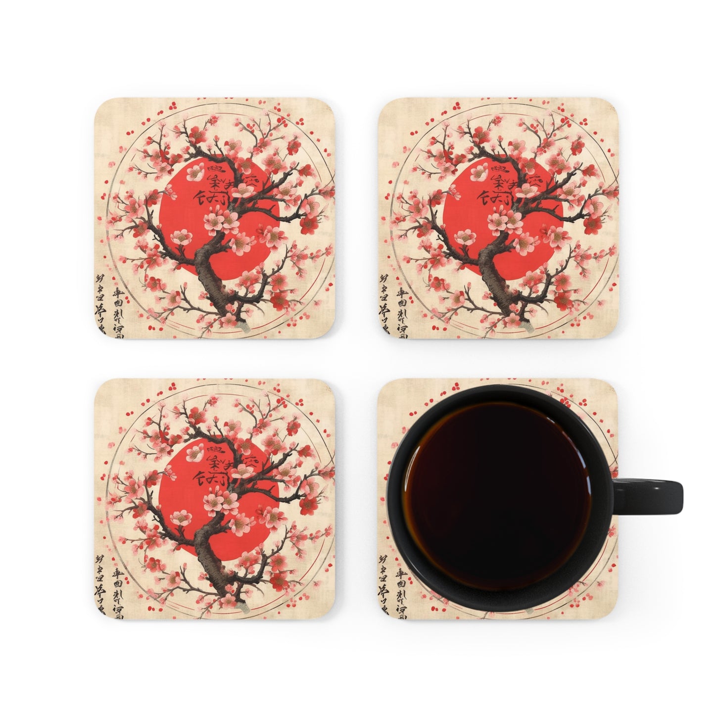 Nature's Brushstrokes: Corkwood Coaster Set Featuring Captivating Cherry Blossom Drawings