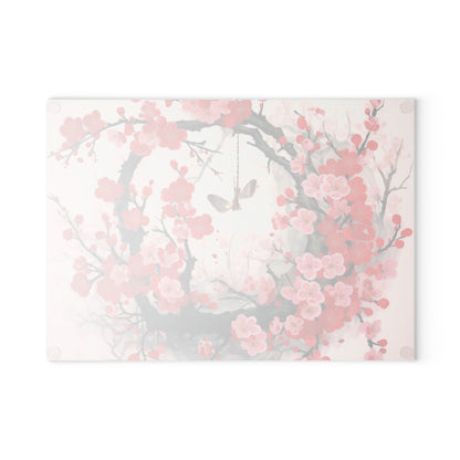 Cherry Blossom Delight: Glass Cutting Board Adorned with Intricate Flower Drawings and Artistry