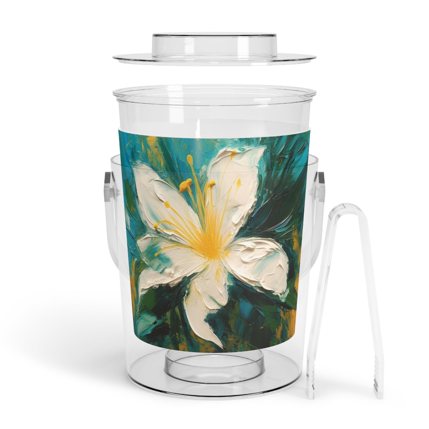 Journey into Artistry: Ice Bucket with Tongs showcasing an Abstract Oil Painting of Jasmine