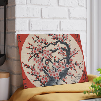 Enchanting Petal Symphony: Glass Cutting Board Celebrating Cherry Blossom Tree Drawings