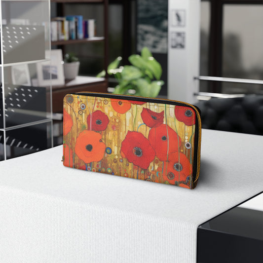 Floral Symphony: Zipper Wallet showcasing Gustav Klimt's Poppies in Art Nouveau