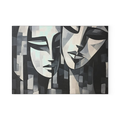 Abstract Oil Paint Glass Cutting Board: Cubist Artistry in a Portable Masterpiece