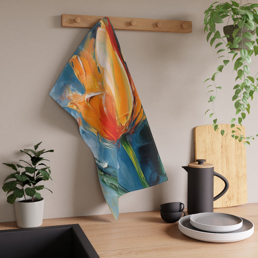 Orange Tulip Magic on Kitchen Towel: A Blossoming Artistic Delight