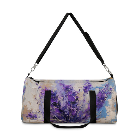 Vibrant Lavender Art on Duffel Bag: A Floral Delight for Your Senses