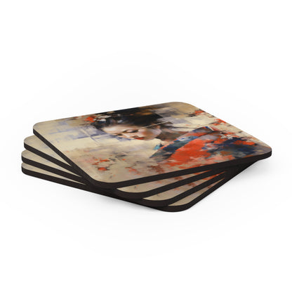 Japanese-Inspired Abstract Oil Painting Corkwood Coaster Set: Celebrating Geisha Beauty