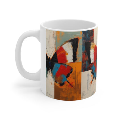 Bauhaus Butterfly Symphony: Ceramic Mug with Vibrant Colors and Intricate Details