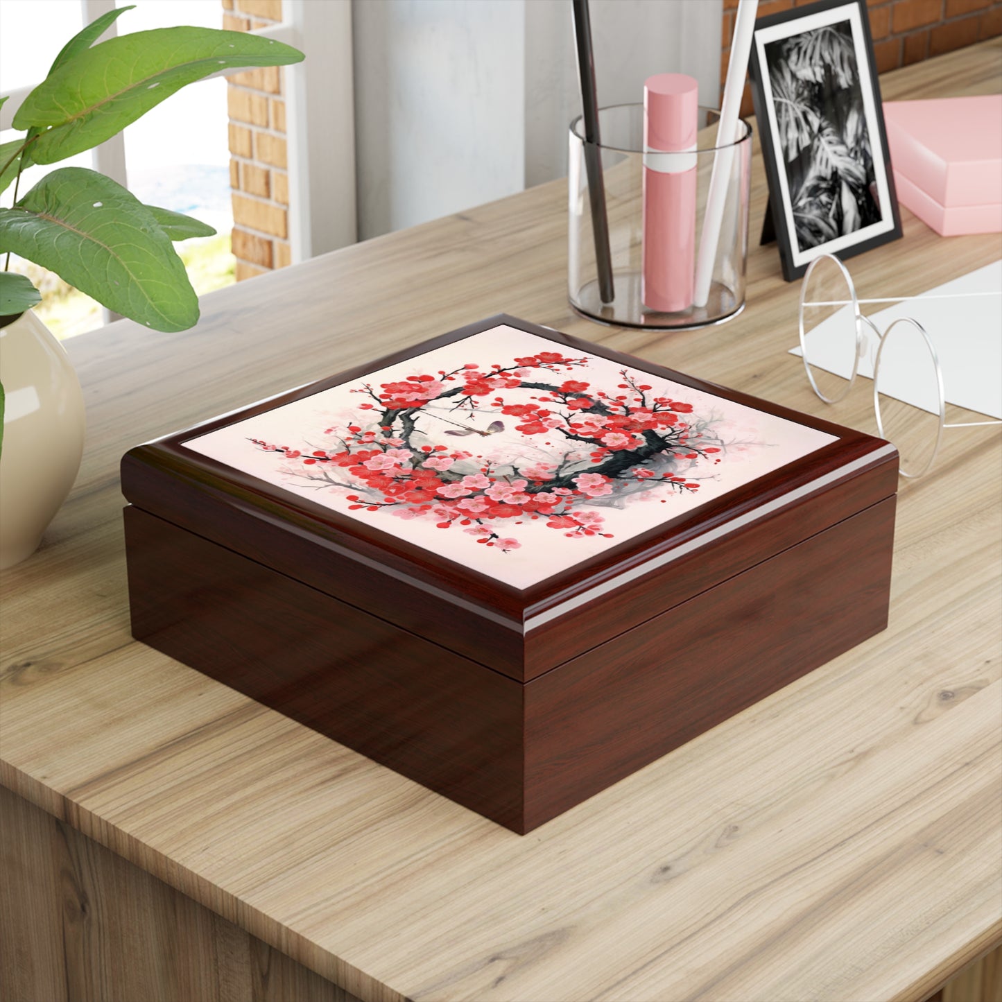 Cherry Blossom Delight: Jewelry Box Adorned with Intricate Flower Drawings and Artistry