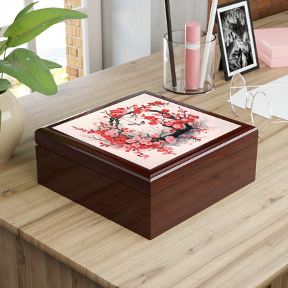 Cherry Blossom Delight: Jewelry Box Adorned with Intricate Flower Drawings and Artistry