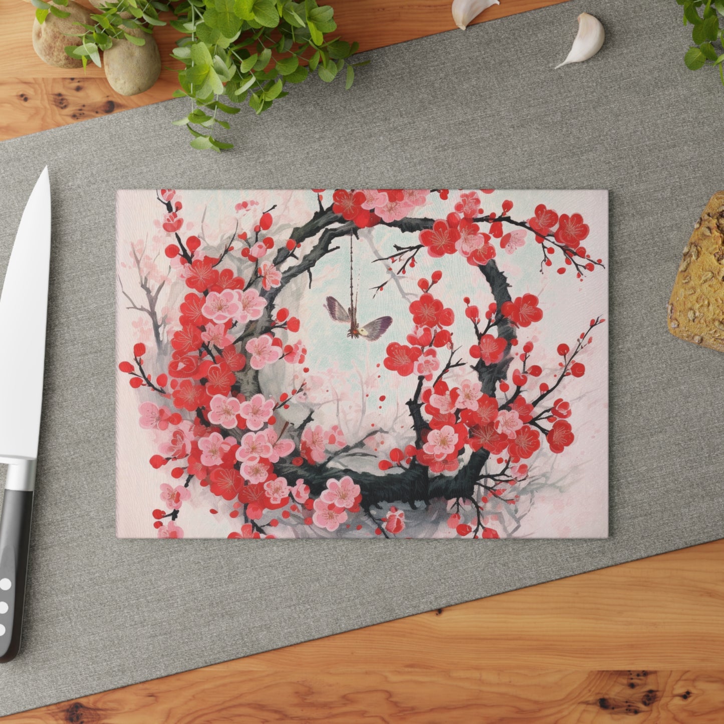 Cherry Blossom Delight: Glass Cutting Board Adorned with Intricate Flower Drawings and Artistry