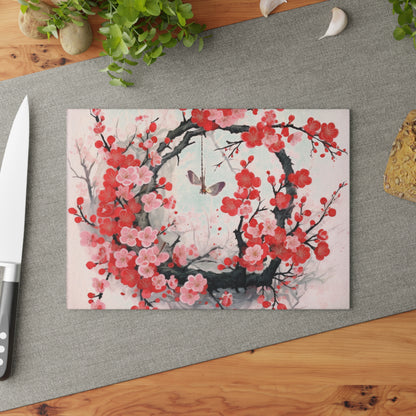 Cherry Blossom Delight: Glass Cutting Board Adorned with Intricate Flower Drawings and Artistry