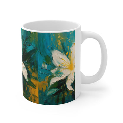 Floral Symphony: Ceramic Mug featuring an Abstract Oil Painting of Jasmine