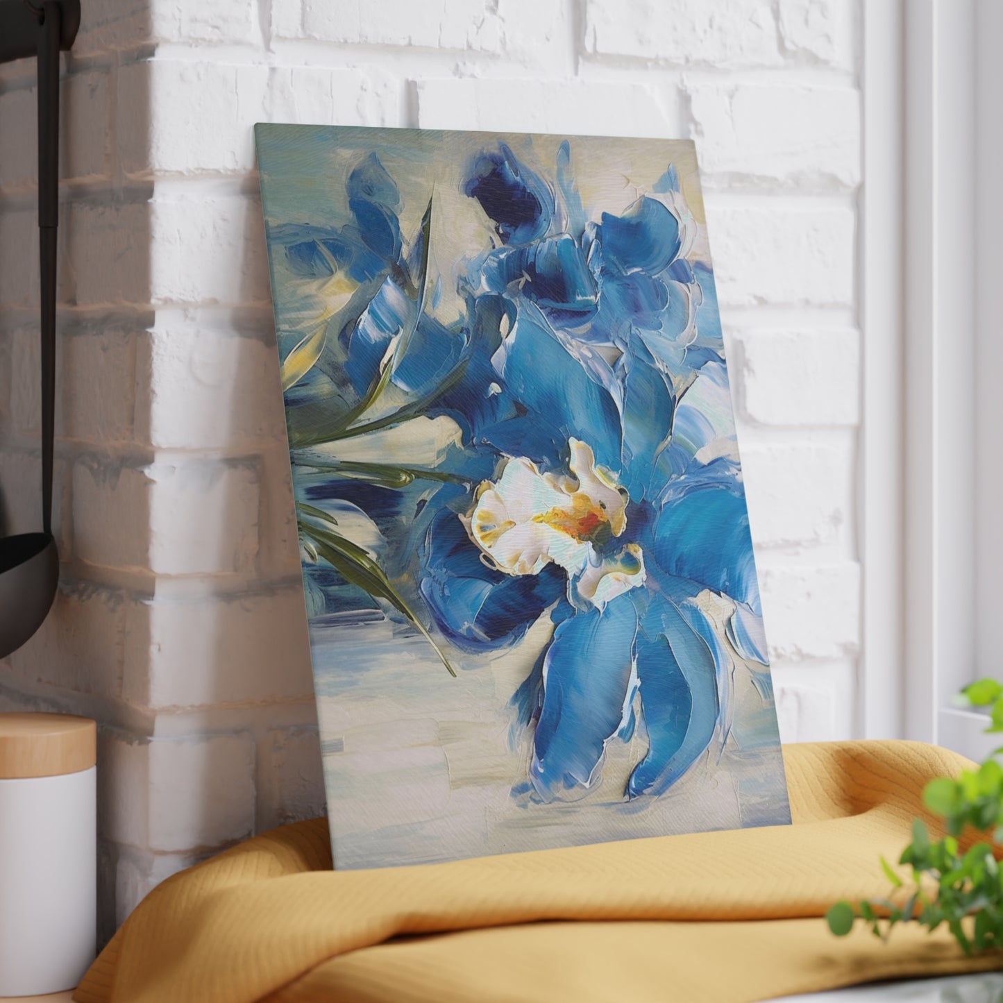 Embrace Artistic Expression with Blue Orchid Abstract Painting Glass Cutting Board