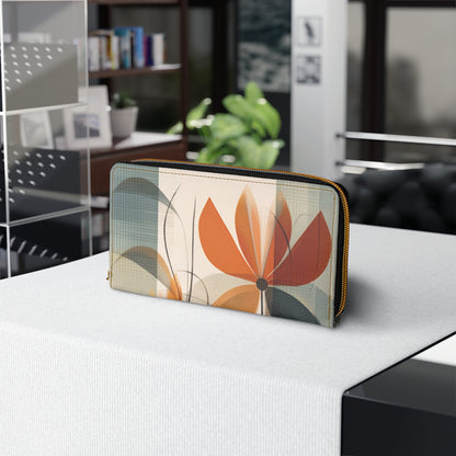 Botanical Chic: Flower Drawings and Minimalist Zipper Wallet Design with Midcentury Flair