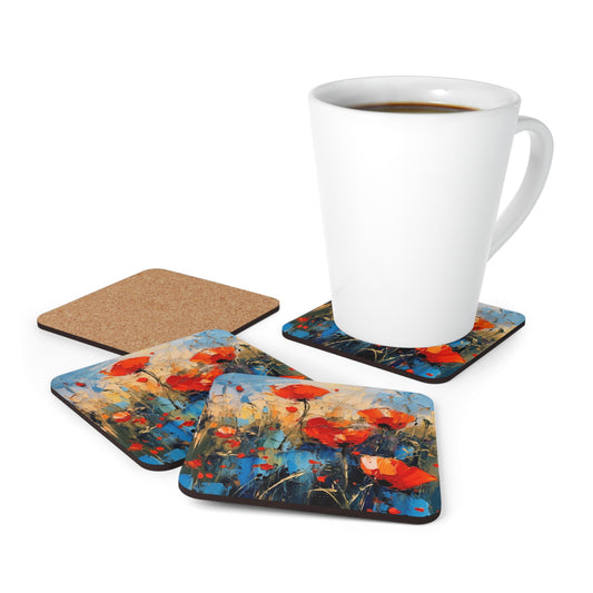 Corkwood Coaster Set Paradise: Abstract Poppy Artwork and Flower Drawings
