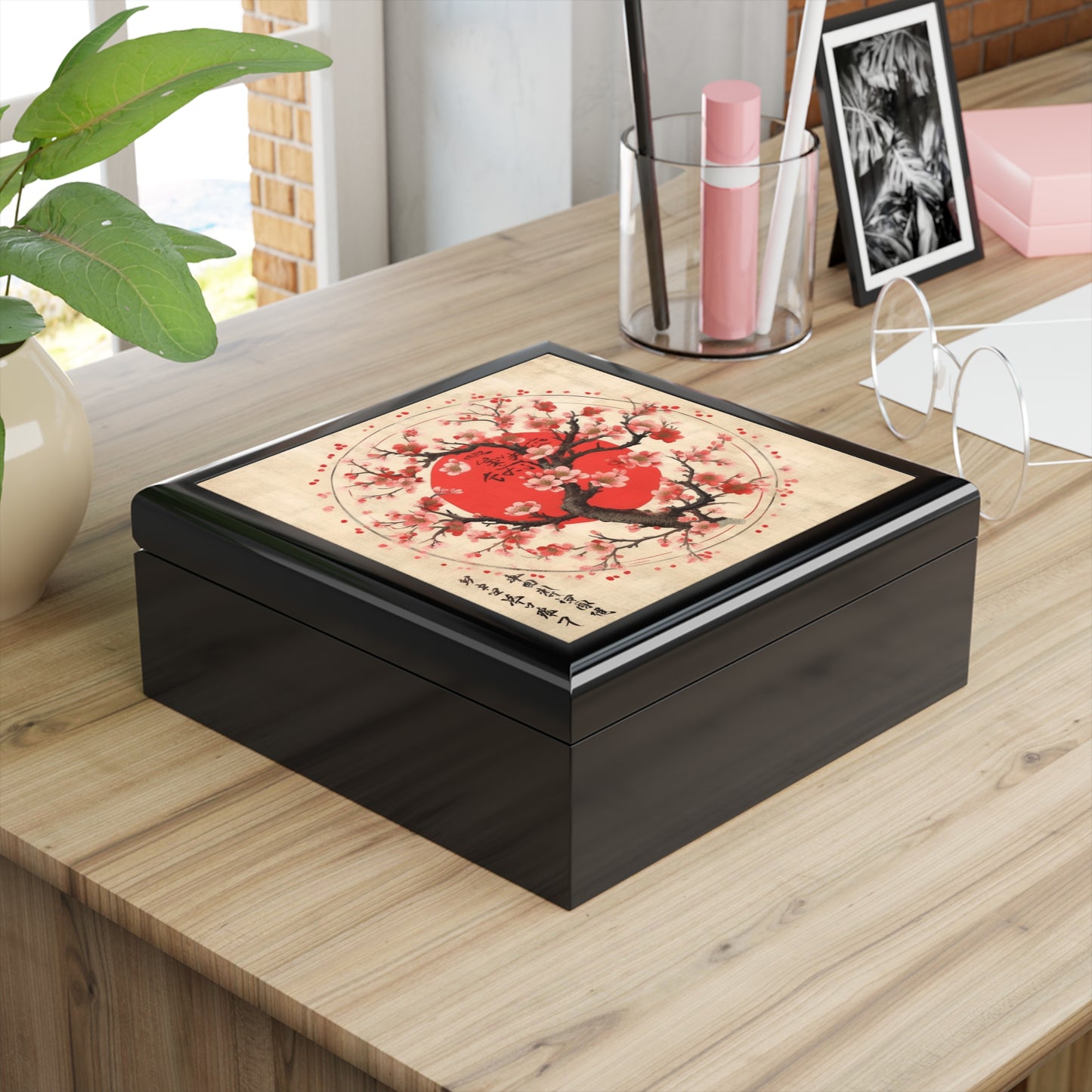 Nature's Brushstrokes: Jewelry Box Featuring Captivating Cherry Blossom Drawings