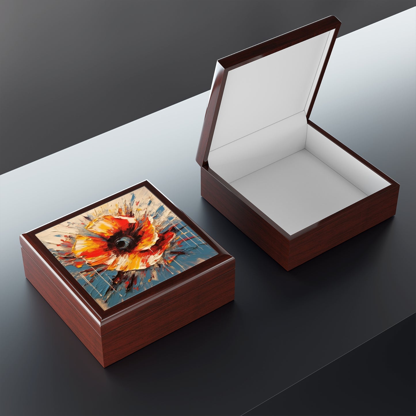 Poppy Symphony: Jewelry Box with Abstract Floral Artwork
